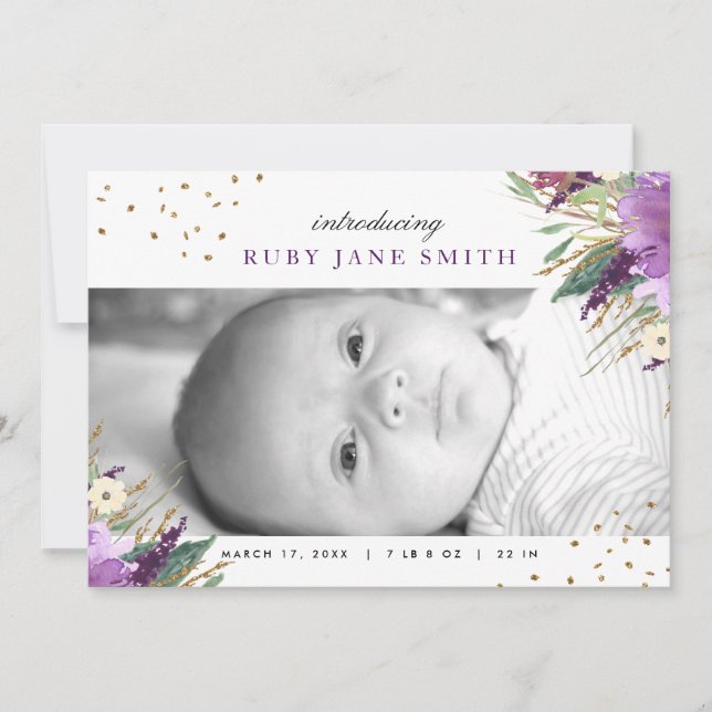 Watercolor Purple Gold Glitter Birth Announcement (Front)