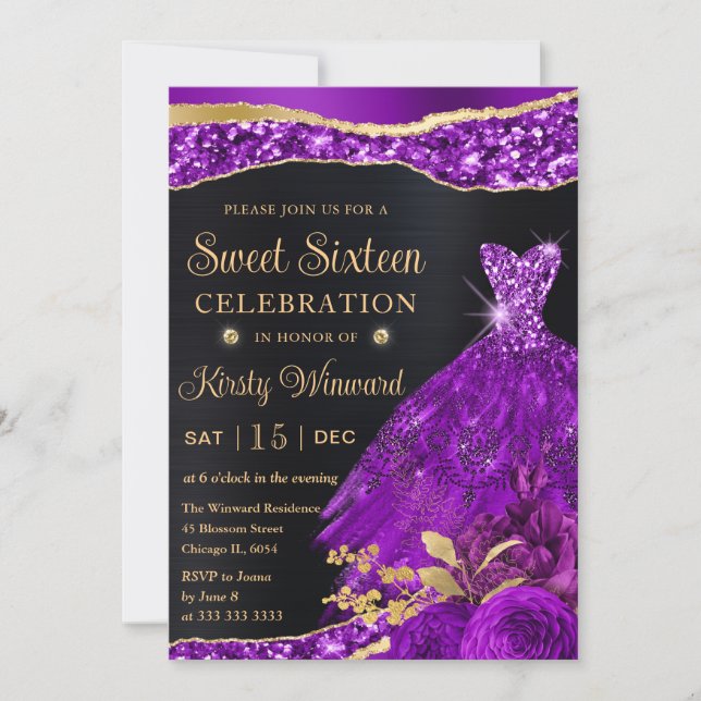 Watercolor Purple Gold Glitter Dress Sweet Sixteen Invitation (Front)