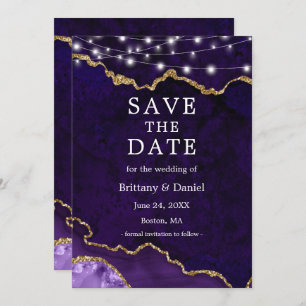 Watercolor Purple Gold Marble Agate Geode Lights Save The Date