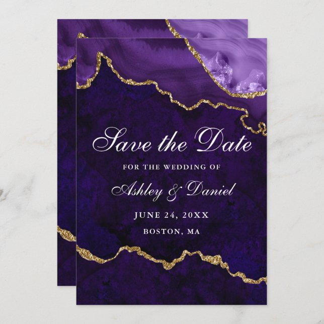 Watercolor Purple Gold Marble Agate Geode Save The Date (Front/Back)