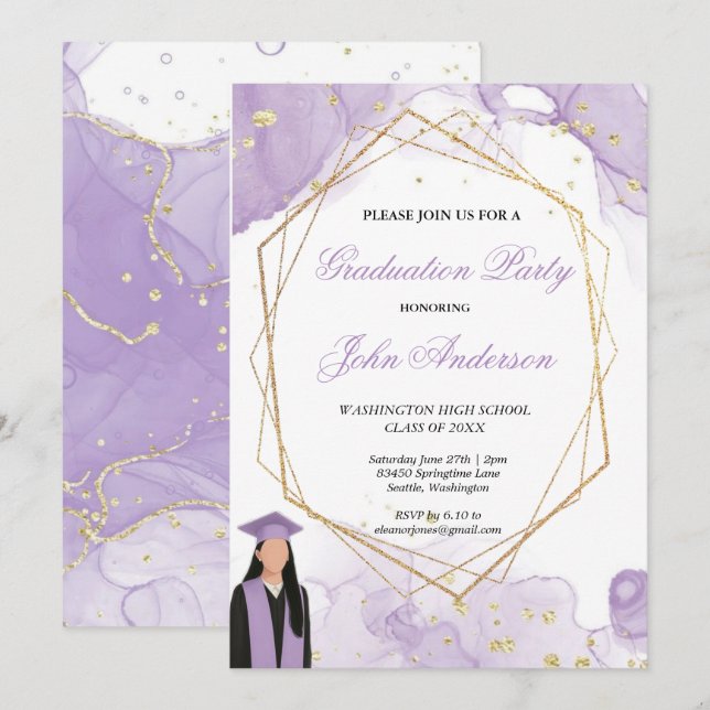 Watercolor Purple Gold Marble Graduation Party  Invitation (Front/Back)