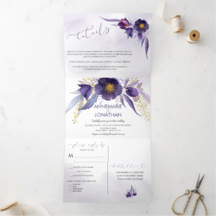 Watercolor Purple Gold Pink Floral Wedding Tri-Fold Invitation