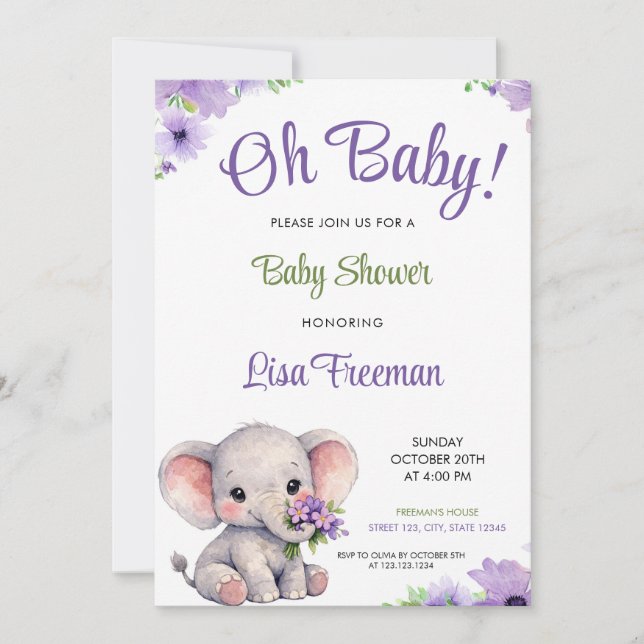 Watercolor Purple & Green Elephant Baby Shower Invitation (Front)