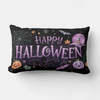 watercolor purple happy halloween lumbar cushion