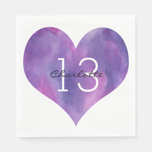 Watercolor Purple Heart 13th Birthday Napkin (Front)