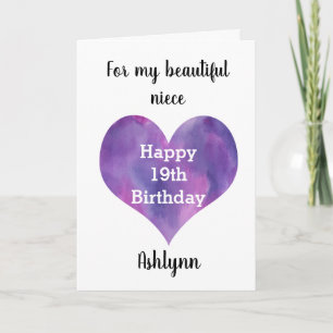 Watercolor Purple Heart Happy 19th Birthday Niece Card