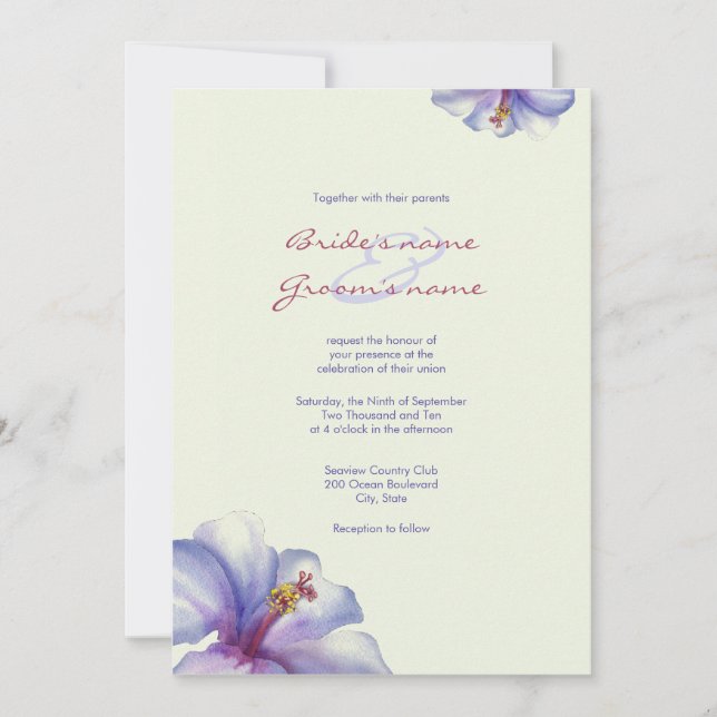 Watercolor Purple Hibiscus Wedding Invitations (Front)