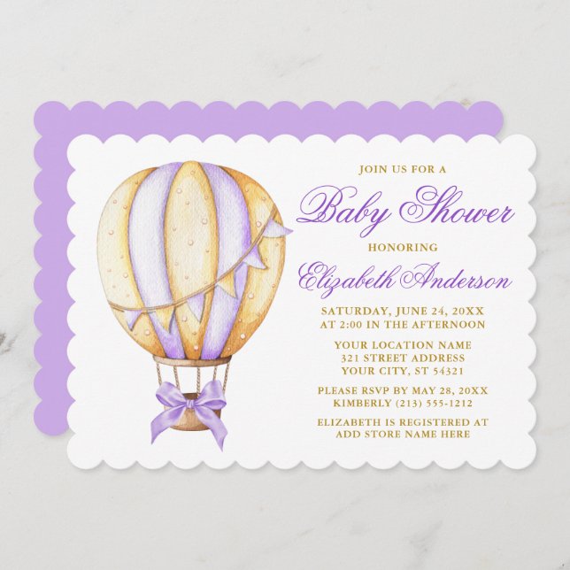 Watercolor Purple Hot Air Balloon Bow Baby Shower Invitation (Front/Back)