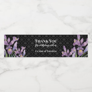 Watercolor Purple Iris Black Damask Water Bottle Label