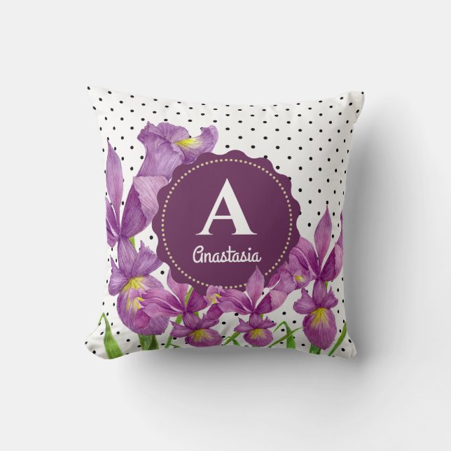 Watercolor Purple Iris Black White Polka Dots Cushion (Front)