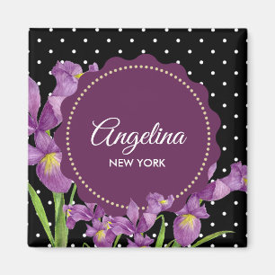 Watercolor Purple Iris Black White Polka Dots Magnet