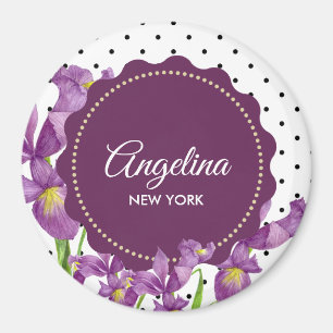 Watercolor Purple Iris Black White Polka Dots Magnet
