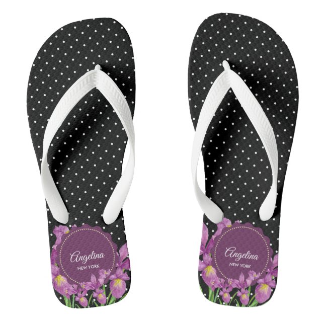 Watercolor Purple Iris Black White Polka Dots Thongs (Footbed)