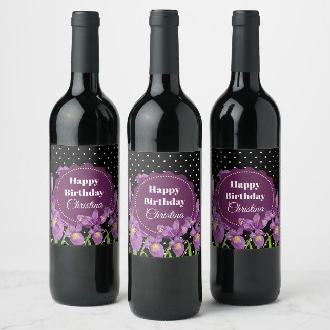 Watercolor Purple Iris Black White Polka Dots Wine Label (Bottles)