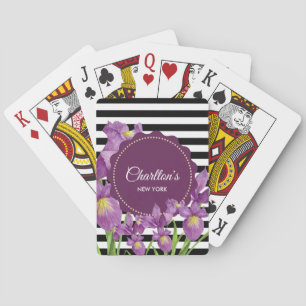 Watercolor Purple Iris Black White Stripes Pattern Playing Cards
