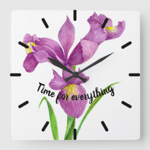 Watercolor Purple Iris Botanical Floral Art Square Wall Clock