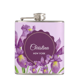 Watercolor Purple Iris Botanical Illustration Hip Flask