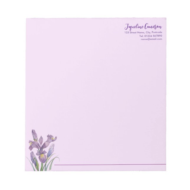 Watercolor Purple Iris Botanical Illustration Notepad (Front)