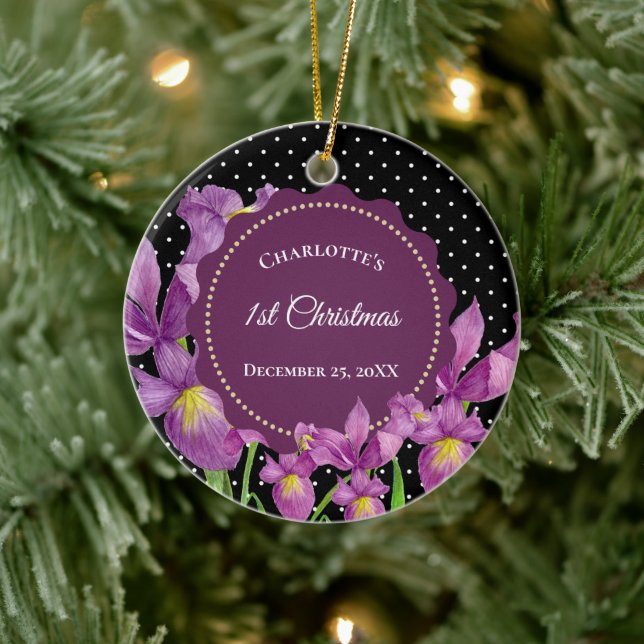 Watercolor Purple Iris Botanical Polka Dots Ceramic Ornament (Tree)