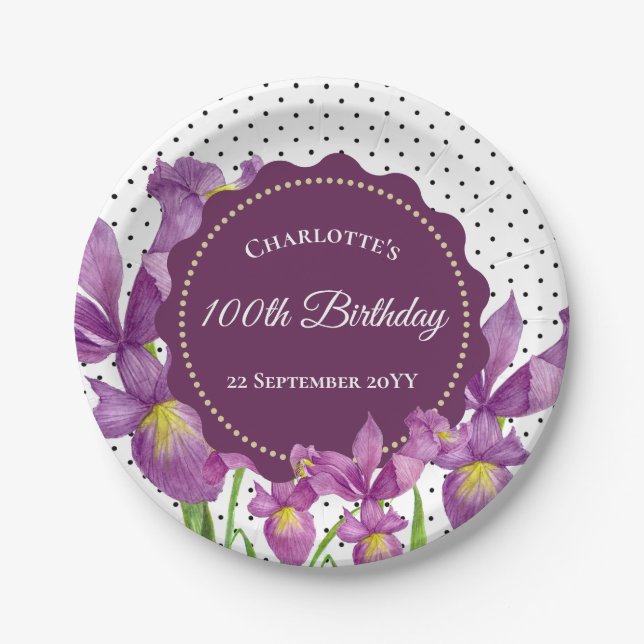 Watercolor Purple Iris Botanical Polka Dots Paper Plate (Front)