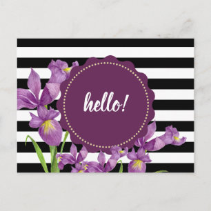 Watercolor Purple Iris Floral Black White Stripes Postcard
