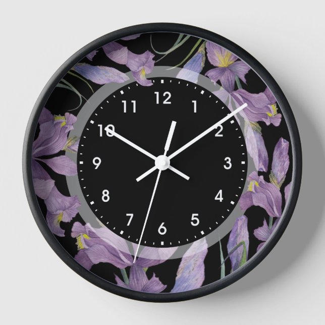 Watercolor Purple Irises Botanical Illustration Clock (Front)