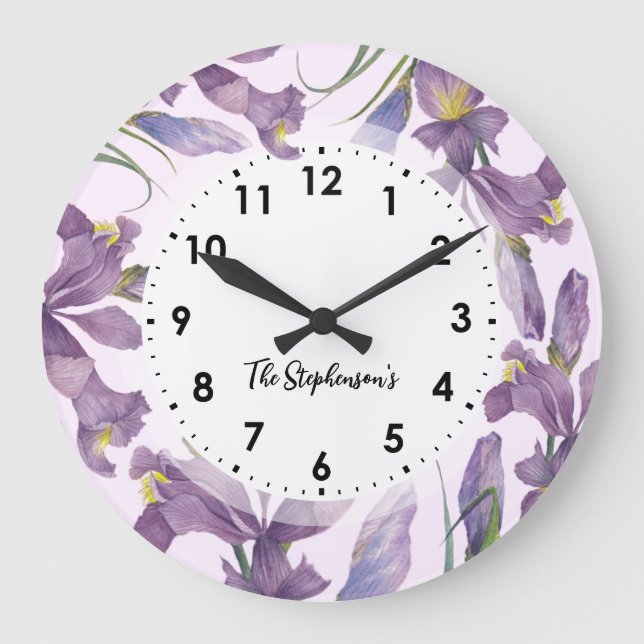 Watercolor Purple Irises Botanical Illustration Large Clock (Front)