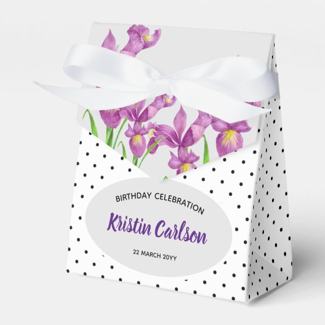 Watercolor Purple Irises with Black White Polkadot Favour Box (Front Side)