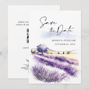 Watercolor Purple Lavender Flowers Field Wedding Save The Date