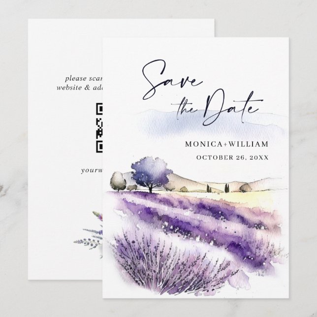 Watercolor Purple Lavender Flowers Field Wedding Save The Date (Front/Back)