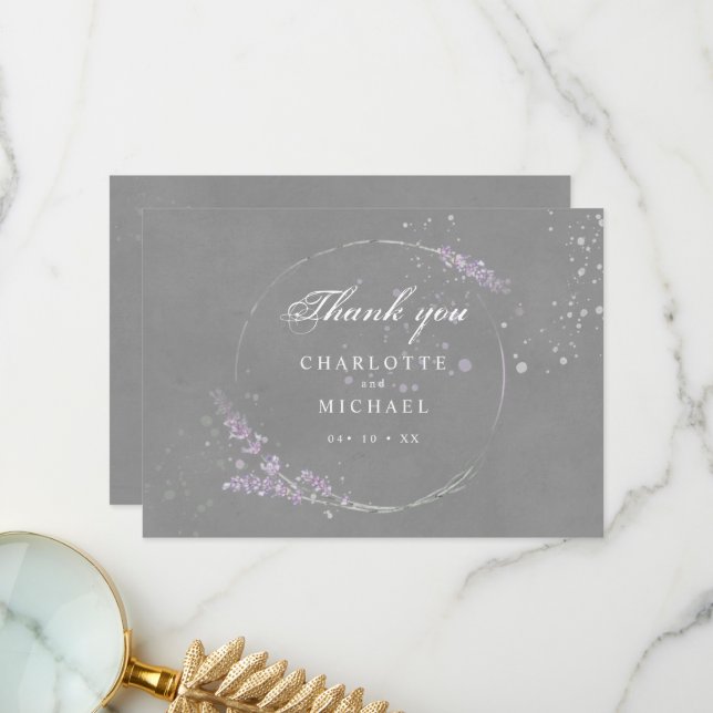 Watercolor purple lavender flowers grey wedding thank you card (Front/Back In Situ)