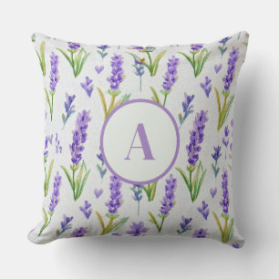 Watercolor Purple Lavender Pattern Monogram Cushion