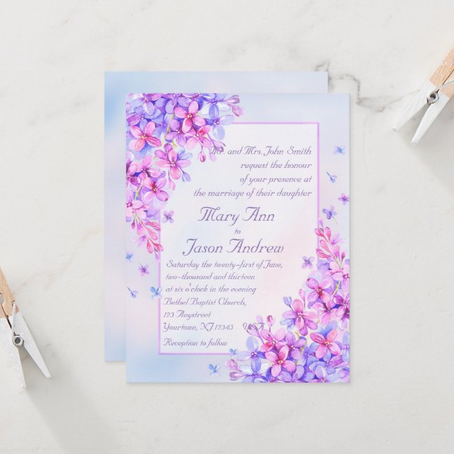 Watercolor Purple Lilac Flower Invite Card (Front/Back In Situ)