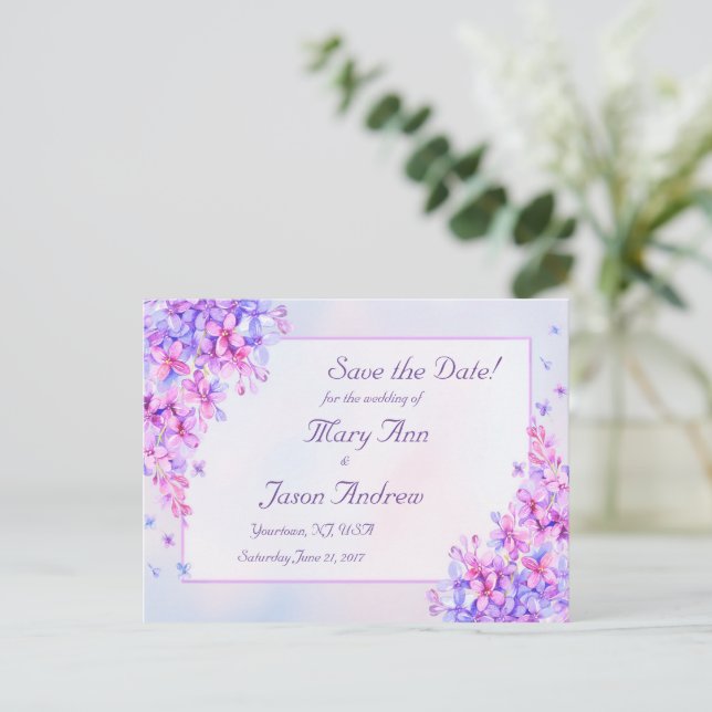 Watercolor Purple Lilac Flower Save the Date Card (Standing Front)
