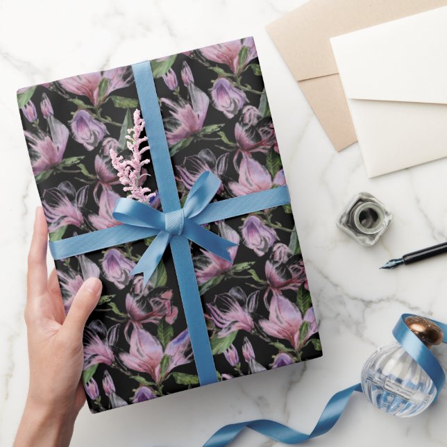 Watercolor purple lilac flowers pattern black wrapping paper (Gifting)