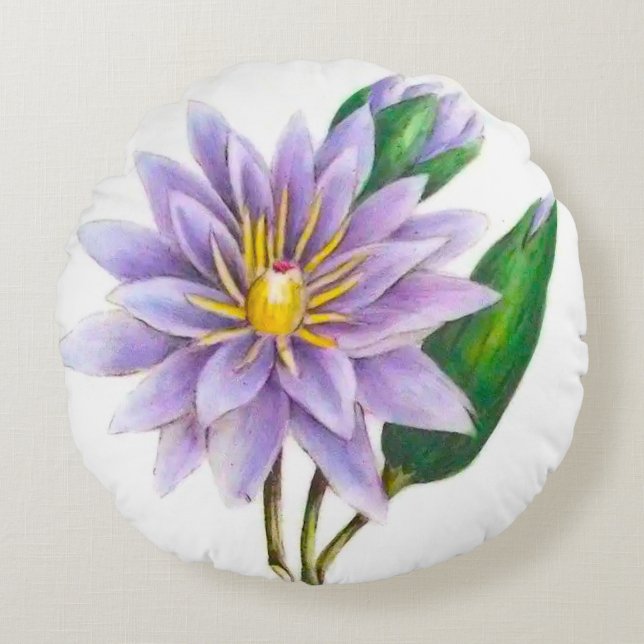 Watercolor Purple Lotus Flower Round Cushion (Front)