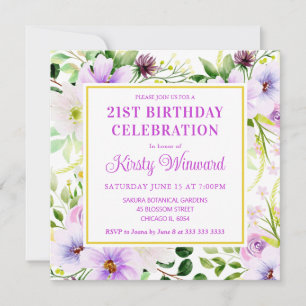 Watercolor Purple Magical Flowers Birthday Invitation