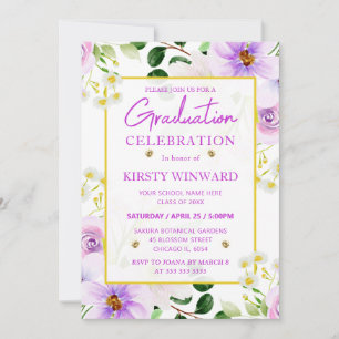 Watercolor Purple Magical Flowers Graduation Invitation