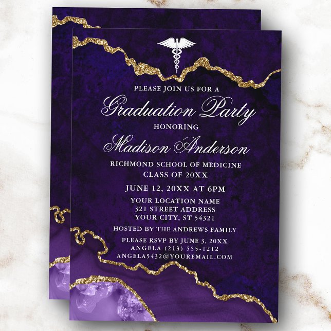 Watercolor Purple Marble Medical Graduation Party Invitation (Customize to change text size, style or to add more text or photos to back of card.)