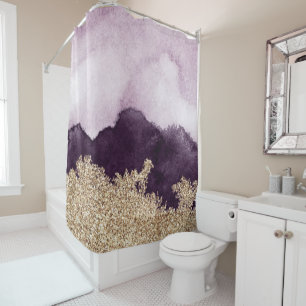 Watercolor purple paint and gold torn shower curtain