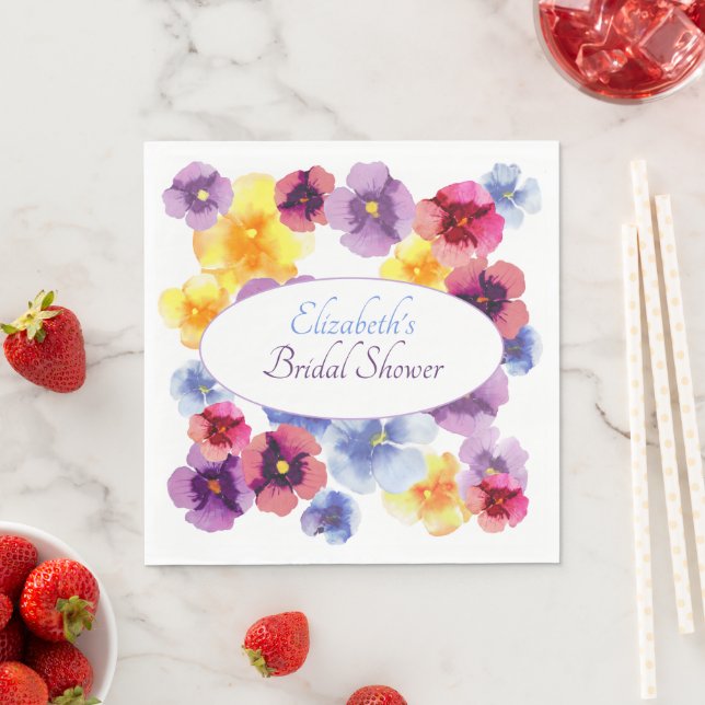 Watercolor Purple Pansies Elegant Bridal Shower Napkin (Insitu)