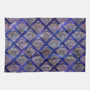 Watercolor Purple Pattern with Gold Damask Tea Towel