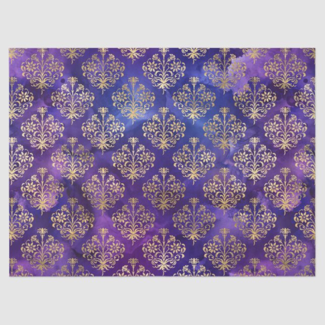 Watercolor Purple Pattern with Gold Damask Tissue Paper (Front)