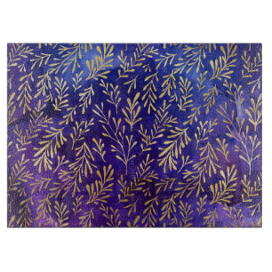 Watercolor Purple Pattern with Gold Leaves Cutting Board