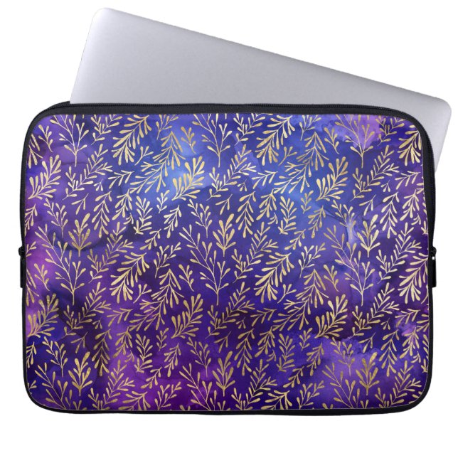 Watercolor Purple Pattern with Gold Leaves Laptop Sleeve (Front)