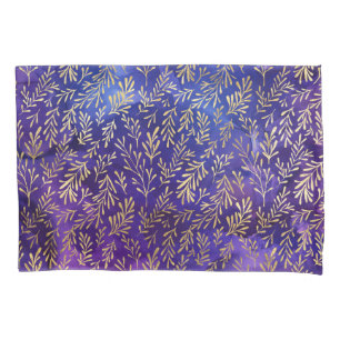 Watercolor Purple Pattern with Gold Leaves Pillowcase