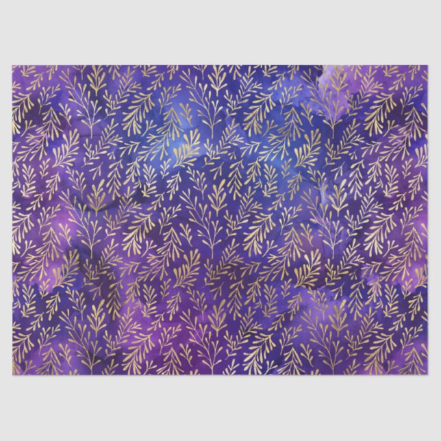 Watercolor Purple Pattern with Gold Leaves Tissue Paper (Front)