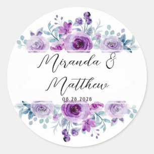 Watercolor Purple Peonies Custom Wedding Classic Round Sticker