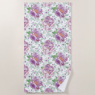 watercolor purple peony beach towel