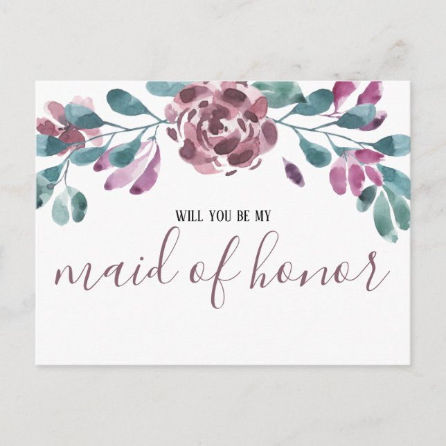 Watercolor Purple Peony Maid of Honour Invitation Postcard (Front)